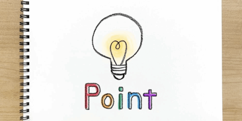 手描きの電球イラストと『Point』の文字、要点やアイデアを示すイメージ