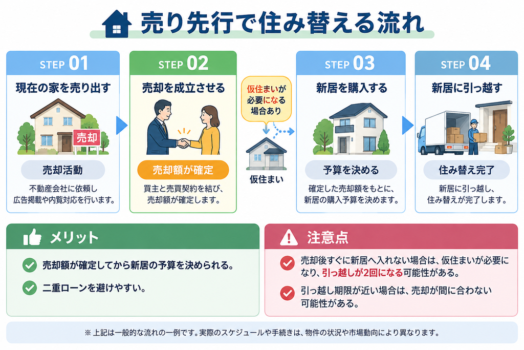 売り先行で住み替える流れを解説した4ステップの図解。現在の家の売り出し、売却成立、新居購入、引っ越しまでの順序と、売却額確定後に予算を決められるメリット、仮住まいや二重の引っ越しが必要になる注意点を紹介。