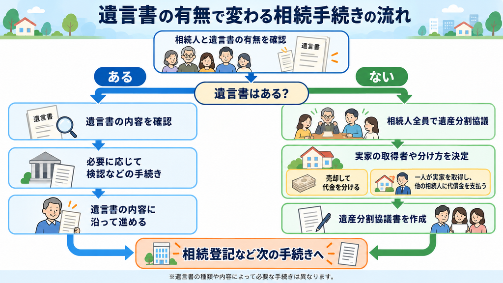 遺言書の有無によって異なる実家の相続手続きを示したフロー図。遺言書がある場合の手続きと、ない場合の遺産分割協議、代償分割や売却による分配、相続登記までの流れを解説。