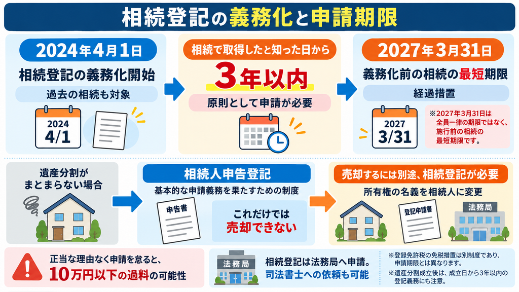 相続登記の義務化と申請期限をまとめた図解。2024年4月1日の義務化開始、原則3年以内の申請、2027年3月31日の最短期限、相続人申告登記と売却に必要な相続登記の違いを解説。