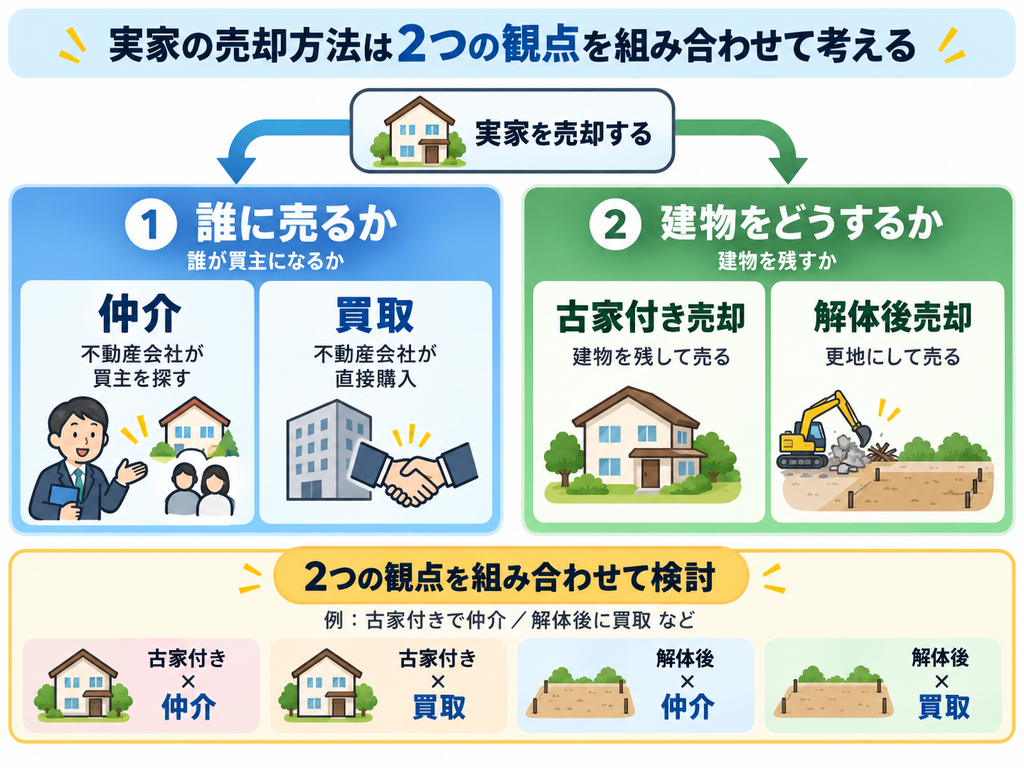 実家の売却方法を「仲介・買取」と「古家付き売却・解体後売却」の2つの観点で整理した図解。誰が買主になるか、建物を残すかによって異なる4つの売却パターンを紹介。