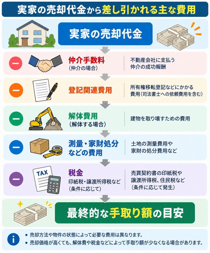 実家の売却代金から差し引かれる主な費用と手取り額の計算構造を示した図解。仲介手数料、登記関連費用、解体費用、測量・家財処分費用、印紙税や譲渡所得税などを売却価格から差し引き、最終的な手取り額を把握する流れを解説。