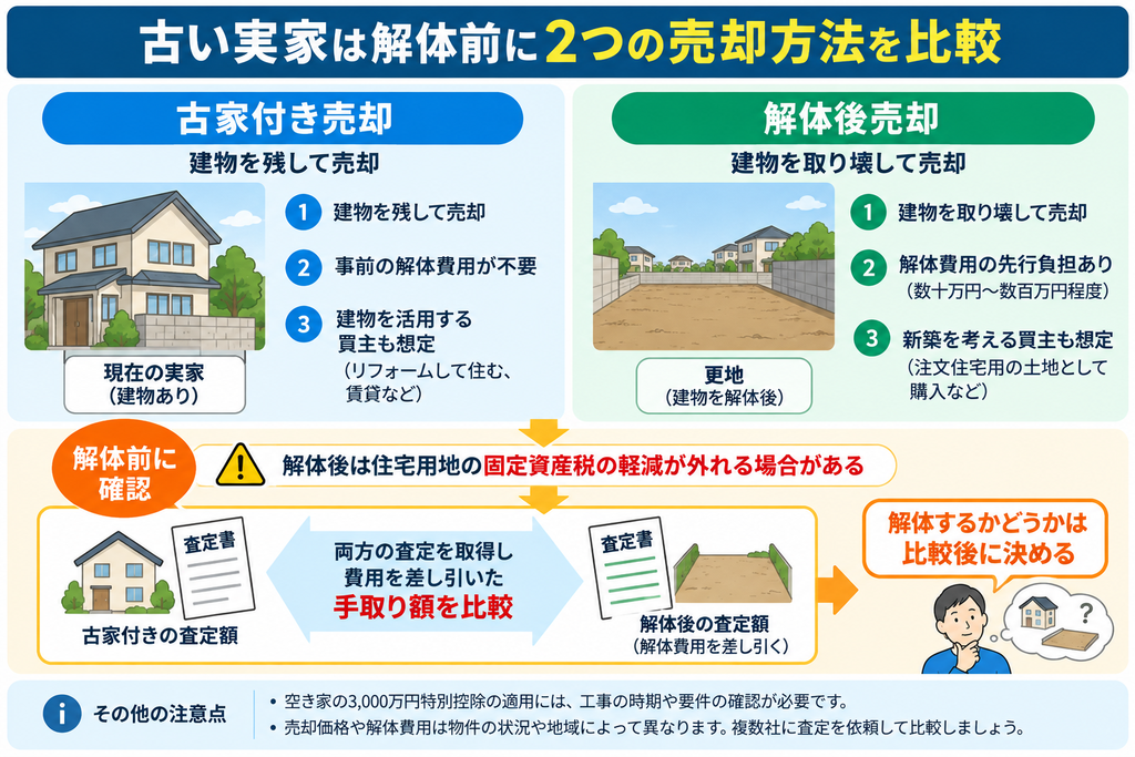 古い実家を売却する際の「古家付き売却」と「解体後売却」を比較した図解。建物を残す場合と更地にする場合の解体費用、想定買主、固定資産税への影響を解説。両方の査定額と費用を比較し、手取り額を確認してから解体を判断する流れを紹介。