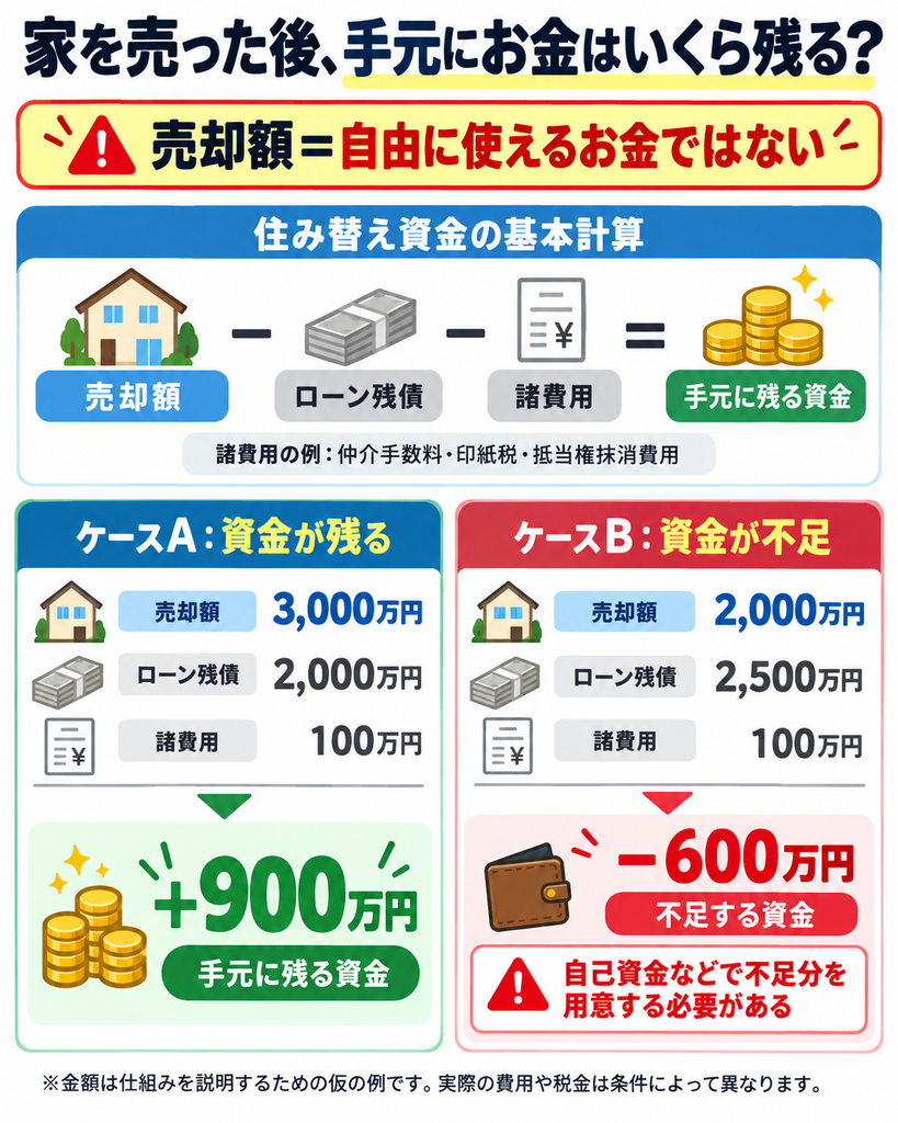 家を売却した後に手元に残るお金の計算方法を解説した図解。売却額から住宅ローン残債と諸費用を差し引き、資金が900万円残るケースと600万円不足するケースを比較。