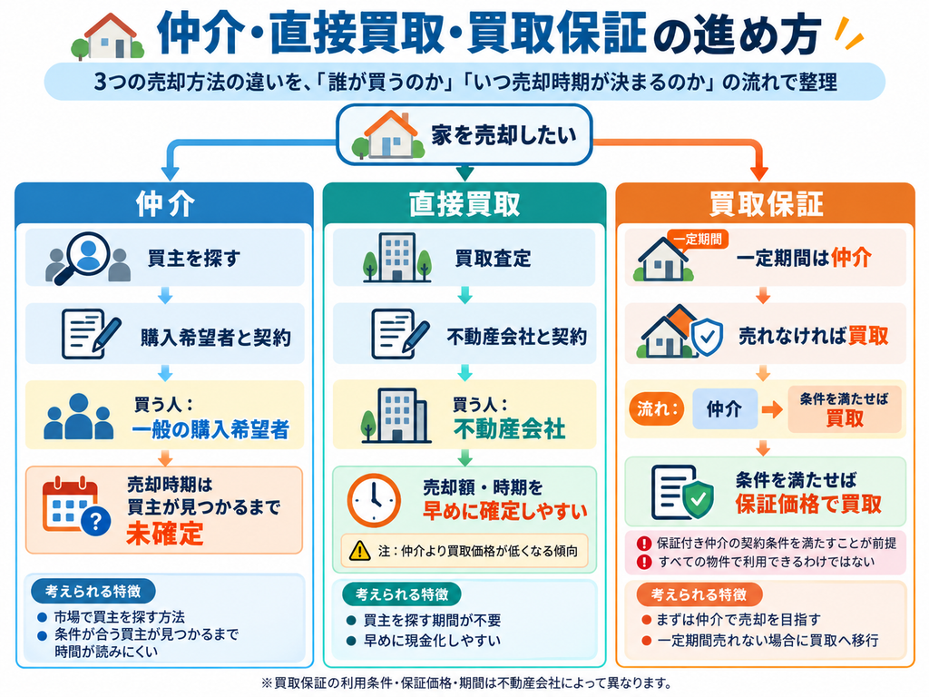 不動産売却における仲介・直接買取・買取保証の違いを比較したフローチャート。買主の探し方や売却時期の決まり方、買取価格の傾向、売れなかった場合の買取保証の仕組みを解説。