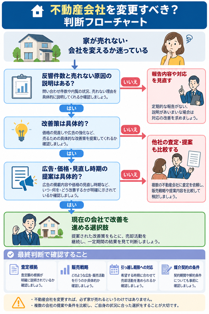 家が売れないときに不動産会社を変更すべきか判断するフローチャート。売却状況や原因の説明、価格・広告の改善提案をYES・NO形式で確認し、現在の会社を継続するか他社の査定・販売戦略を比較するかの判断基準を解説。