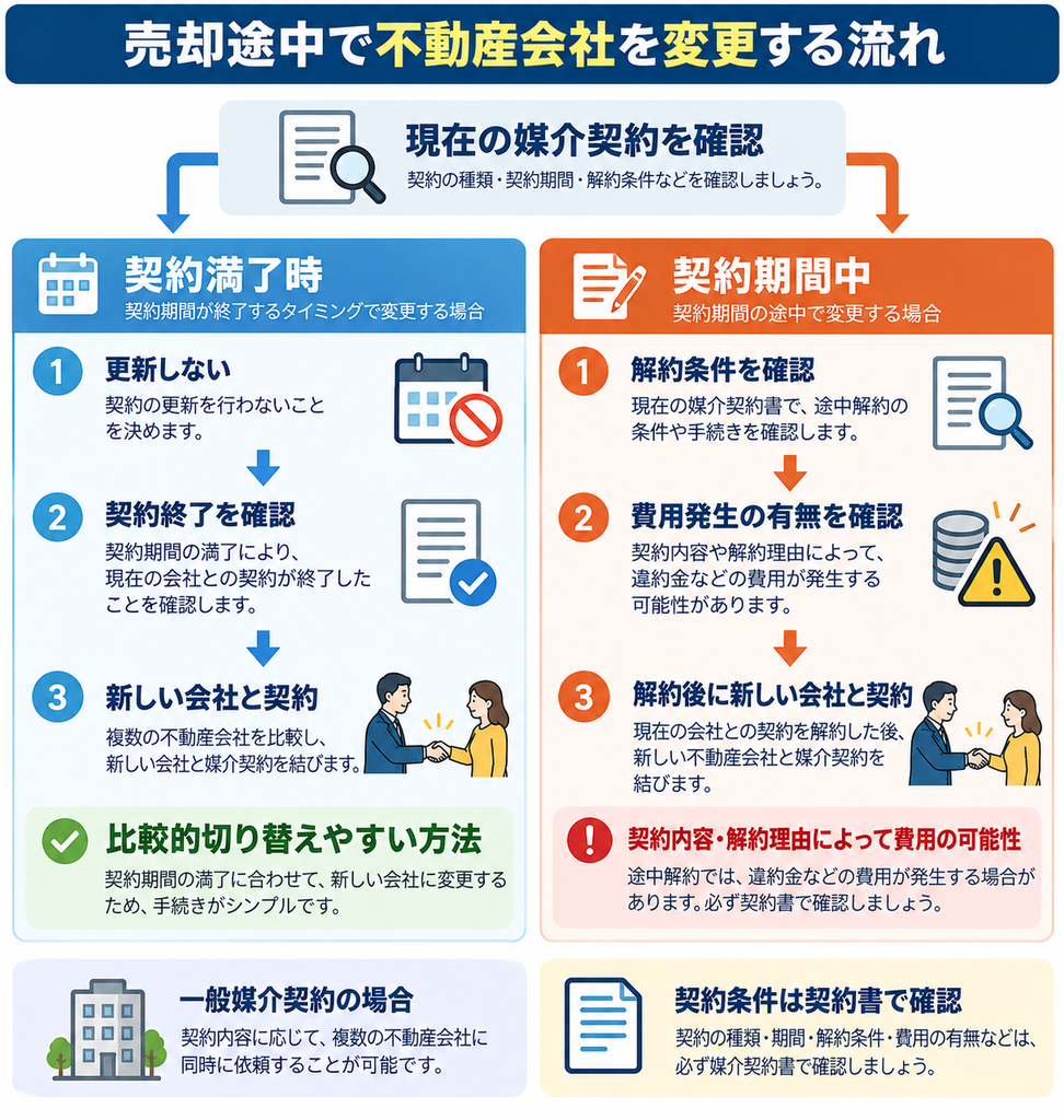 家の売却途中で不動産会社を変更する流れを解説した図解。媒介契約の満了時は更新せずに契約終了を確認し、契約期間中は解約条件や違約金などの費用発生の可能性を確認してから新しい会社と契約する手順を比較。一般媒介契約での複数社への依頼についても紹介。