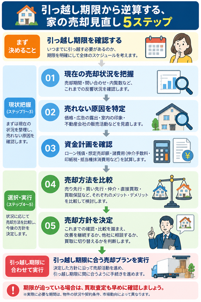 引っ越し期限から逆算して家の売却を見直す5ステップの図解。現在の売却状況の把握、家が売れない原因の特定、住宅ローン残債や諸費用の確認、売り先行・買い先行・買取の比較、売却方針の決定までを解説。期限が迫る場合は早めの買取査定も検討する流れを紹介。